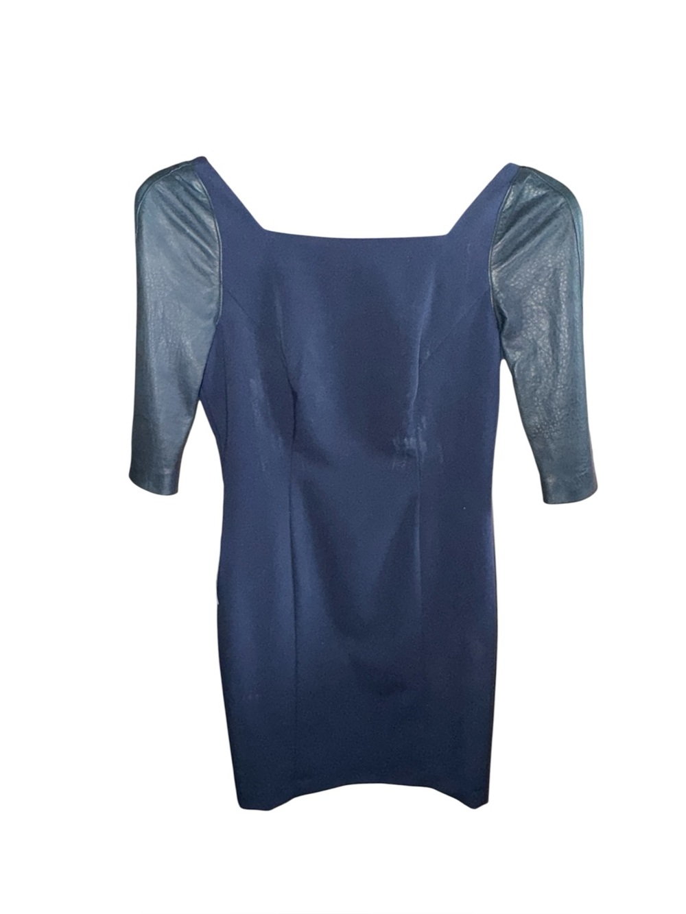 Black Halo Navy Square-Neck Sheath Dress with Leather-Look Elbow Sleeves Size 2